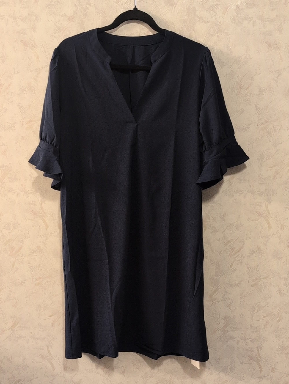 Navy Ruffle-Sleeve V-Neck Tunic Dress